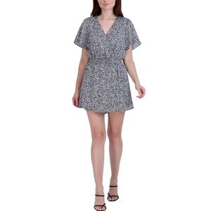 BCBGeneration Womens Black White Floral V-Neck Smocked Waist Romper Size 12